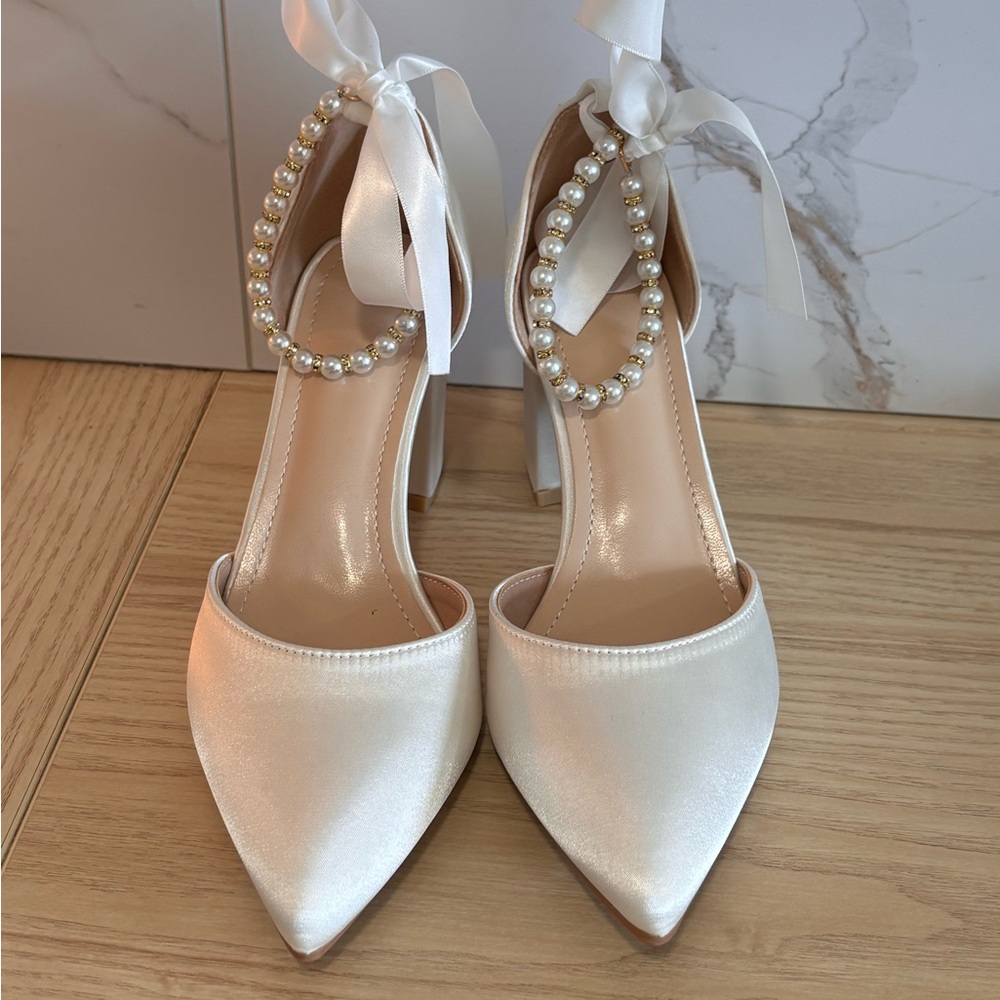 Pearl-Embellished Satin Pointed Toe Heels - White/Cream